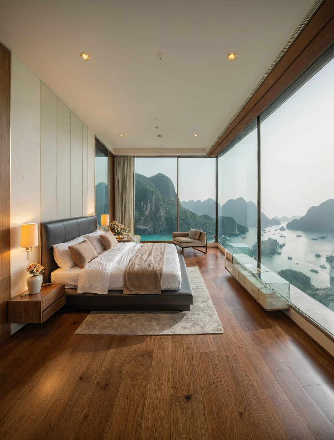 Raw photo,Masterpiece, high quality, best quality, authentic, super detail, interior, indoors, ((bedroom style modern luxury)), view sea halong bay , sunset, day light, bed, lamp, carpet, bedside cabinets, flower vase, wooden floor ,glass windows, downlight, armchair and tea table, curtain, love seat chair,