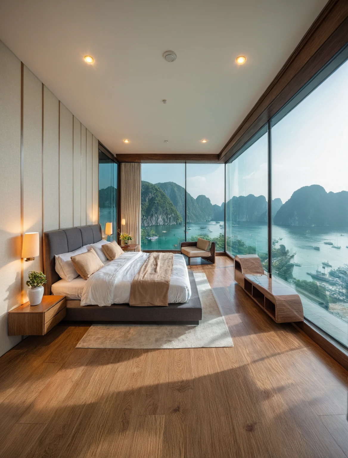 Raw photo,Masterpiece, high quality, best quality, authentic, super detail, interior, indoors, ((bedroom style modern luxury)), view sea halong bay , sunset, day light, bed, lamp, carpet, bedside cabinets, flower vase, wooden floor ,glass windows, downlight, armchair and tea table, curtain, love seat chair,