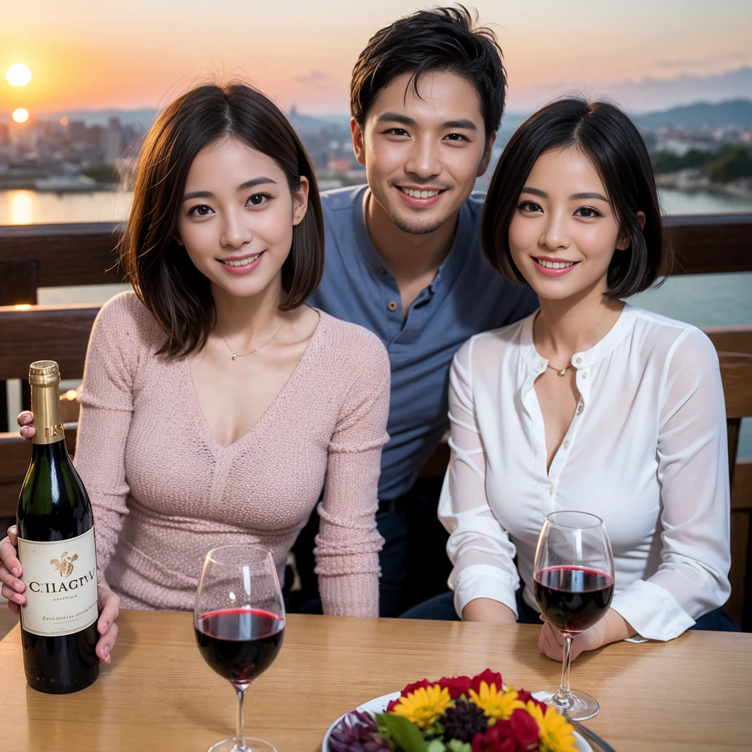 ((Highest quality、8k、masterpiece:1.3))、 (Genuineistic, Genuine、Bright image、Intricate details:1.2), 最高のsmile、1 male,1 female、Beautiful couple、Satomi Ishihara-like lover、Good friends、actress couple、smile、A full-course dinner with a full table、 (Slim face), (the body is slim), (Brown Hair), (short hair), テーブルのwine glass、Please shine a light on my face、 Amazing view of the sunset sky and clouds、 (36 years old)38 years old, red wine 、Wine bottle、sparkling wine、Long sleeve shirt、Pink Dress、White wine, red wine, wine glass,