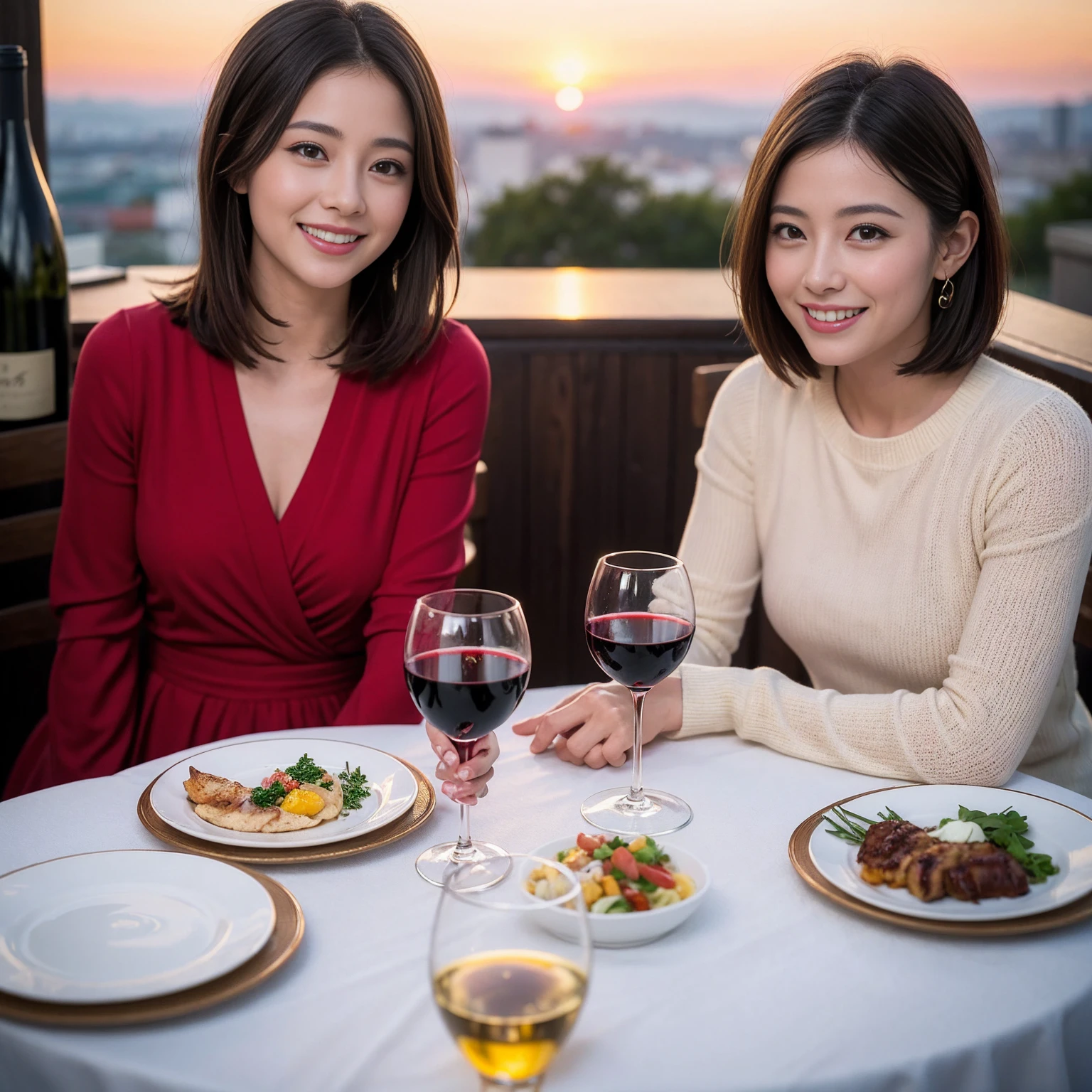 ((Highest quality、8k、masterpiece:1.3))、 (Genuineistic, Genuine、Bright image、Intricate details:1.2), 最高のsmile、1 male,1 female、Beautiful couple、Satomi Ishihara-like lover、Good friends、actress couple、smile、A full-course dinner with a full table、 (Slim face), (the body is slim), (Brown Hair), (short hair), テーブルのwine glass、Please shine a light on my face、 Amazing view of the sunset sky and clouds、 (36 years old)38 years old, red wine 、Wine bottle、sparkling wine、Long sleeve shirt、Pink Dress、White wine, red wine, wine glass, 