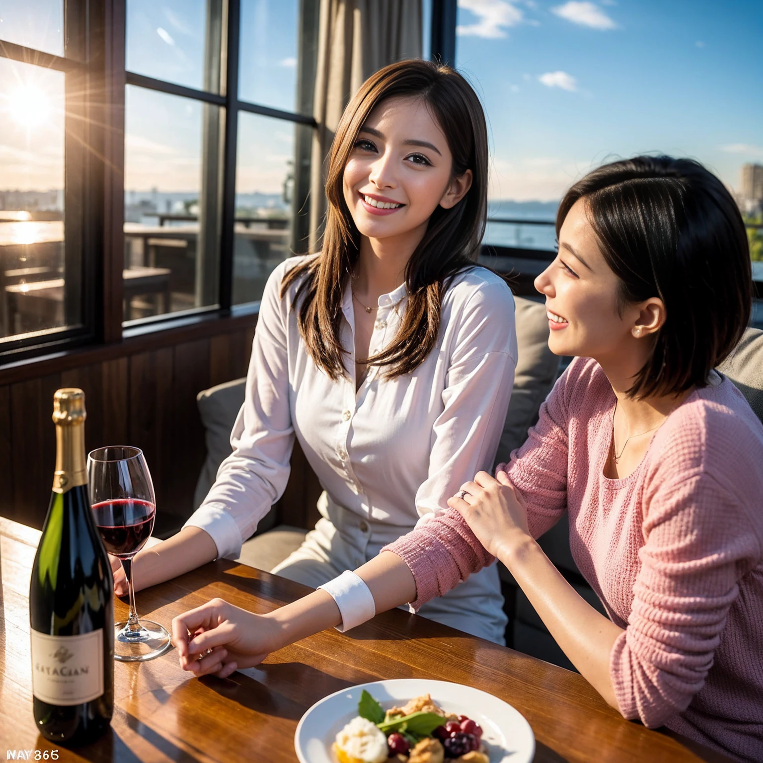 ((Highest quality、、masterpiece:1.3))、1 male、1 female、42 years old 44 years old、Slim Beauty、Beautiful couple、smile、(Shortcuts), テーブルのフルコースディナーとwine glass、Amazing view of the sunset sky and clouds、smileの美しさ、Wine bottle、sparkling wine、Long sleeve shirt、dress、White wine, red wine, wine glass,