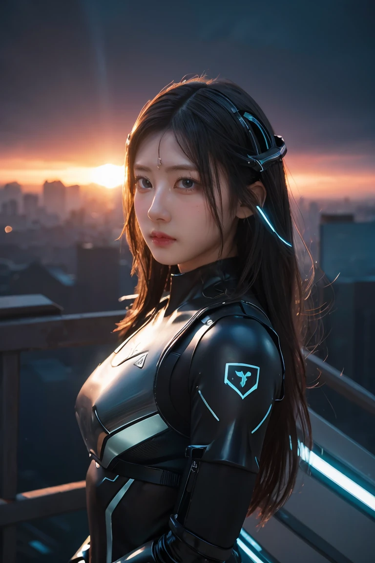 ((masterpiece, best quality, extremely detailed), volumetric lighting, ambient occlusion, colorful, glowing), 
1girl, solo, young girl, (dark hair), long hair, halo, aura, sacred, godness, cyber suit, (black outfit:1.3), android, bot, cybernetic wings,
outdoors, sunset, sky, clouds, space, (cyberpunk theme:1.2),