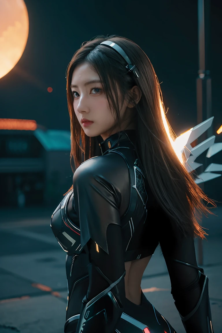 ((masterpiece, best quality, extremely detailed), volumetric lighting, ambient occlusion, colorful, glowing), 
1girl, solo, young girl, (dark hair), long hair, halo, aura, sacred, godness, cyber suit, (black outfit:1.3), android, bot, cybernetic wings,
outdoors, sunset, sky, clouds, space, (cyberpunk theme:1.2),