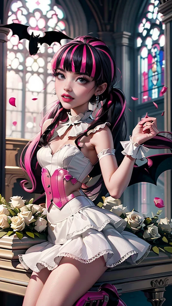 ((high quality)), ((Work of art)), (more detail), 1girl, succubus, centered, a girl with a bat wings, wedding dress, award winning upper body portrait, cowboy shot, Draculaura_MH, solo, black half hair, pink half hair, multicolored hair, long hair, wave hair, braided hair, white shirt, white skirt, pink knee boots, sad expression, gothic church , gothic architecture, church scenery, candles, white roses, depth of field, cinematic composition, half black hair, half soft pink hair, wave hair, seat close to a coffin, white roses, smile, vampire fangs, wedding dress, bat wings, white dress, white dress with transparency, pink laces, white gloves, white high socks, pink high hills boots, bat jewelry, jewelry, grass, white roses on focus, Draculaura_(monster high), Monster High, looking at the viewer, more details on the clothes, petals in the air