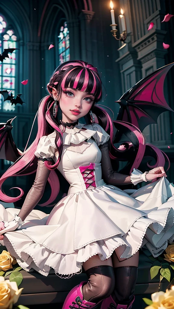 ((high quality)), ((Work of art)), (more detail), 1girl, succubus, centered, a girl with a bat wings, wedding dress, award winning upper body portrait, cowboy shot, Draculaura_MH, solo, black half hair, pink half hair, multicolored hair, long hair, wave hair, braided hair, white shirt, white skirt, pink knee boots, sad expression, gothic church , gothic architecture, church scenery, candles, white roses, depth of field, cinematic composition, half black hair, half soft pink hair, wave hair, seat close to a coffin, white roses, smile, vampire fangs, wedding dress, bat wings, white dress, white dress with transparency, pink laces, white gloves, white high socks, pink high hills boots, bat jewelry, jewelry, grass, white roses on focus, Draculaura_(monster high), Monster High, looking at the viewer, more details on the clothes, petals in the air