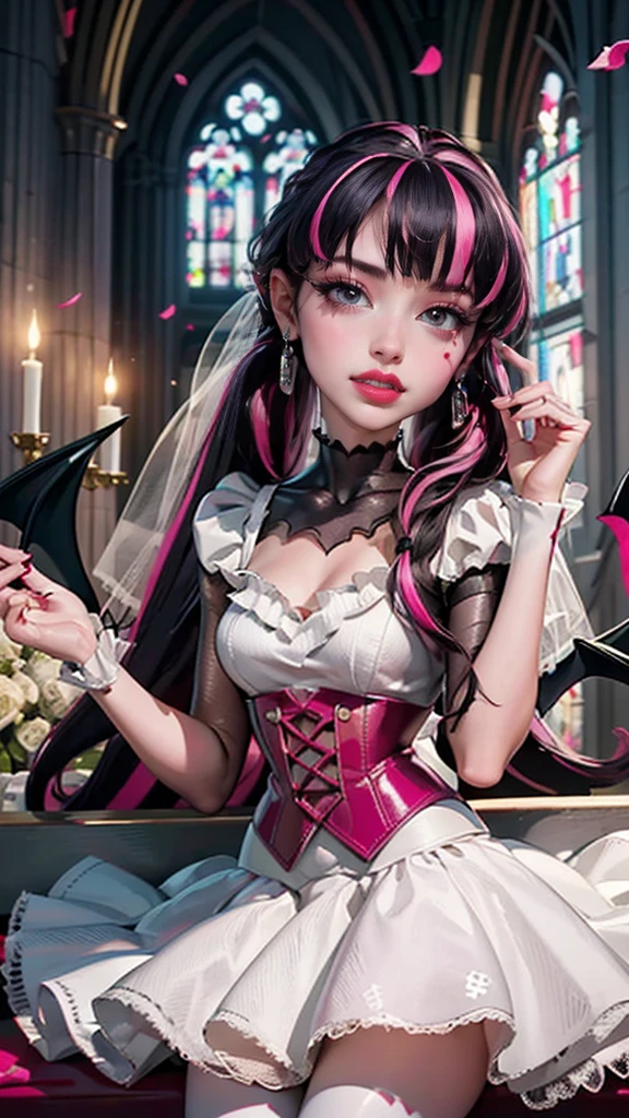 ((high quality)), ((Work of art)), (more detail), 1girl, succubus, centered, a girl with a bat wings, wedding dress, award winning upper body portrait, cowboy shot, Draculaura_MH, solo, black half hair, pink half hair, multicolored hair, long hair, wave hair, braided hair, white shirt, white skirt, pink knee boots, sad expression, gothic church , gothic architecture, church scenery, candles, white roses, depth of field, cinematic composition, half black hair, half soft pink hair, wave hair, seat close to a coffin, white roses, smile, vampire fangs, wedding dress, bat wings, white dress, white dress with transparency, pink laces, white gloves, white high socks, pink high hills boots, bat jewelry, jewelry, grass, white roses on focus, Draculaura_(monster high), Monster High, looking at the viewer, more details on the clothes, petals in the air