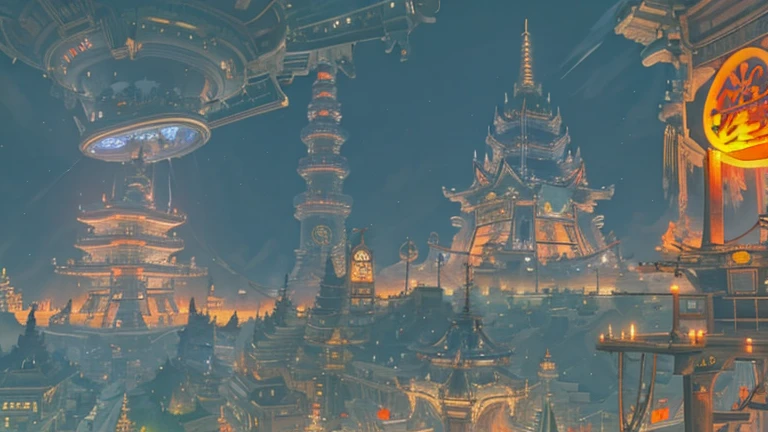 Mexican town combined with neon Tokyo Japan and with a cathedral and its conical Japan tower and steam punk machines and airships