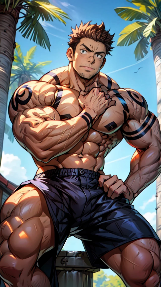 Youthful feeling，( Tattoo),(Thick body hair)，Upper body，(He was wearing baggy shorts，Revealing his length, muscular, hairy)，（Leaning against a tree),(For the audience) ，(Put his hands on his waist)， (Focus on your audience) ，(There is a huge bulge in the area)，sideways，Sharp eyes，(Thick dark brown hair)，(Bottom-up view)，Broad shoulders，Muscles protrude a lot，Highest image quality，cartoon ，Anime Wallpaper，Chest muscle expansion，spread your legs，Sexy,(main part, best quality)，((Exaggerated muscle bulge))，The protagonist is tall，muscular and bulky, muscular characters, Awesome and cool, tall and muscular, muscular!!, Very strong, muscular attractive men, Huge muscles, Big Muscle, Muscle Man, Anime handsome man, muscular!, Giant muscles, muscular bodies，(canto da foto de baixo para cima) (imagem da mais alta qualidade) ，Close-up photos，Lion man ,real, jovem, , vestindo shorts, virilha saliente, imagem de anime, Leaning against a tree, pernas bem abertas, male face, bonito rosto jovem, cabelo subcortado, huge muscle muscles of the chest, large strong thigh muscles, Biceps Sinewy muscles, Corpo enorme, corpo tonificado devido ao treinamento intenso, Well-developed muscles, ABS transparente de 8 embalagens, 3 metros de altura, topless, , pele brilhante, rede de suor pingando, （hands on thighs）, bare feet, Sem barba，Thick Legs，