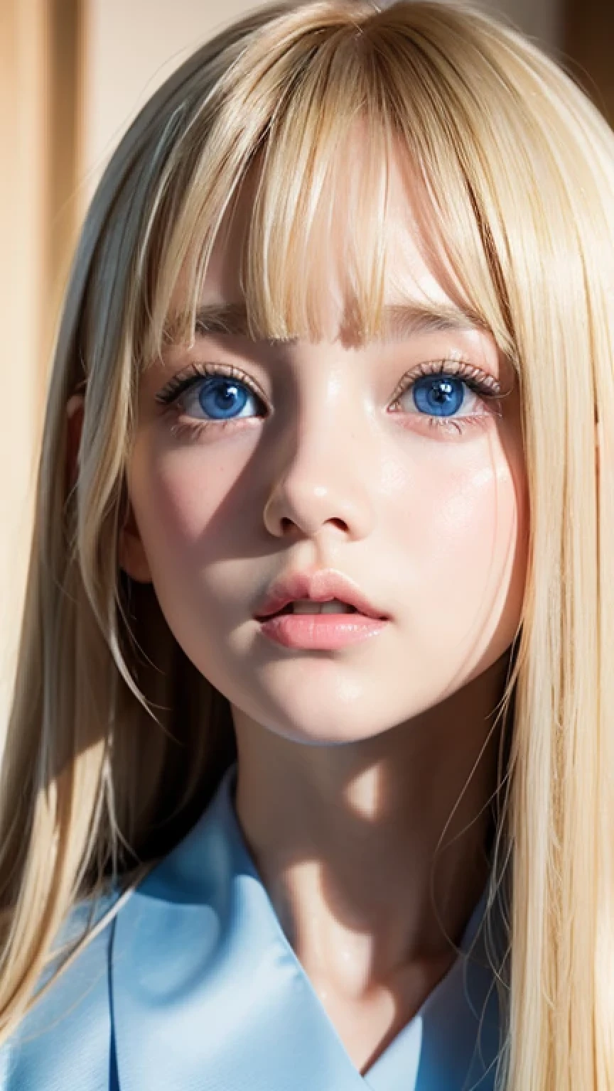 Beautiful blonde cute girl 15 years old、Sexy and very beautiful cute face、Big, bright blue eyes that sparkle beautifully、Very long, dazzling, beautiful, blonde, silky, shiny hair、Super long straight silky hair、Bangs between the eyes、Bangs that hang down in the face、uniform、Small Face Beauty、Glowing Skin、Cheek highlighter、White skin、Radiant Skin、Round face