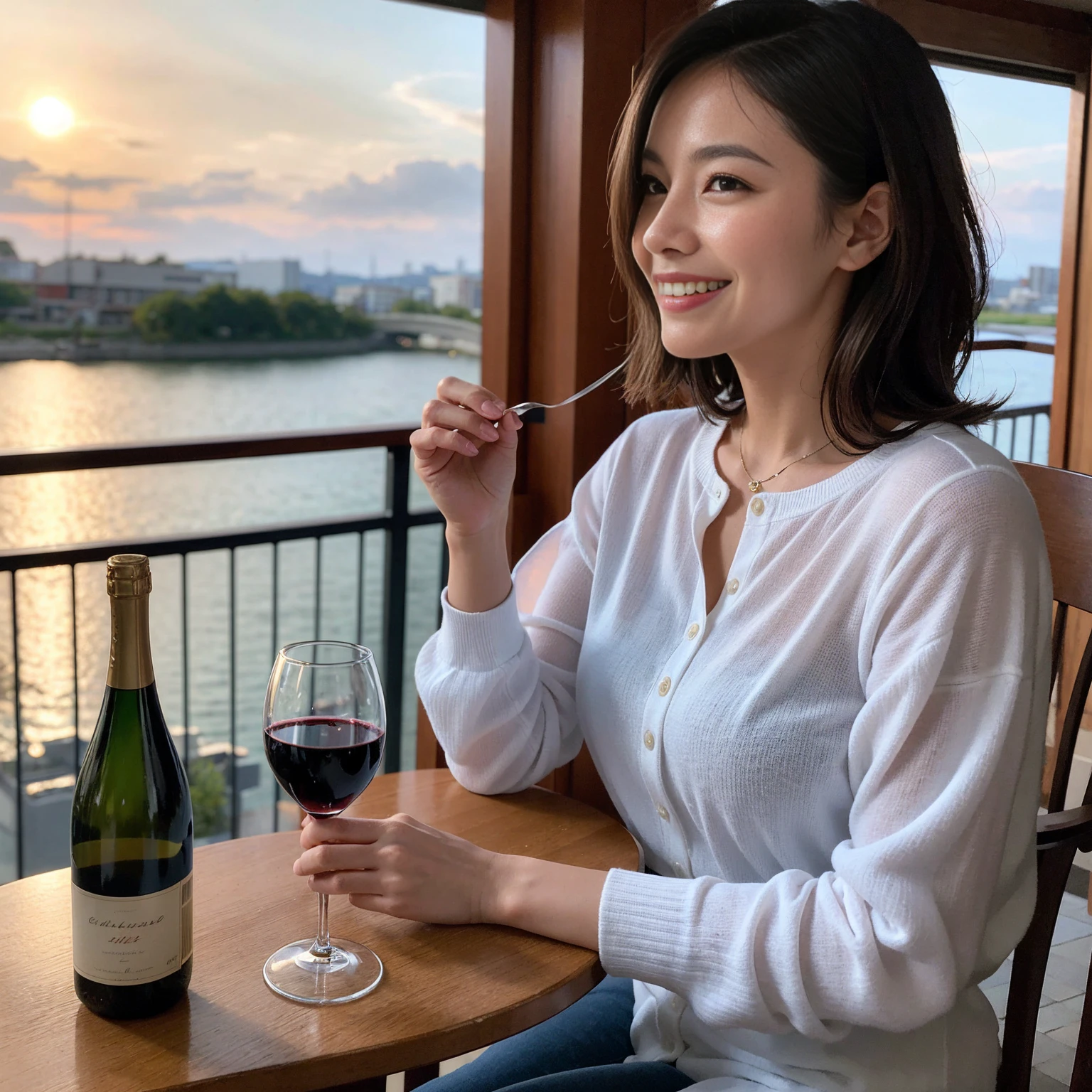 ((Highest quality、8k、masterpiece:1.3))、 (Genuineistic, Genuine、Bright image、Intricate details:1.2), 最高のsmile、1 male 1 female、Beautiful couple、spouse、fiancee、Good friends、actress couple、smile、A full-course dinner with a full table、 (Slim face), (the body is slim), (Brown Hair), (short hair), テーブルのwine glass、Please shine a light on my face、 Amazing view of the sunset sky and clouds、 (42 years old)38 years old, red wine 、Wine bottle、sparkling wine、Long sleeve shirt、Blue Dress、White wine, red wine, wine glass, 