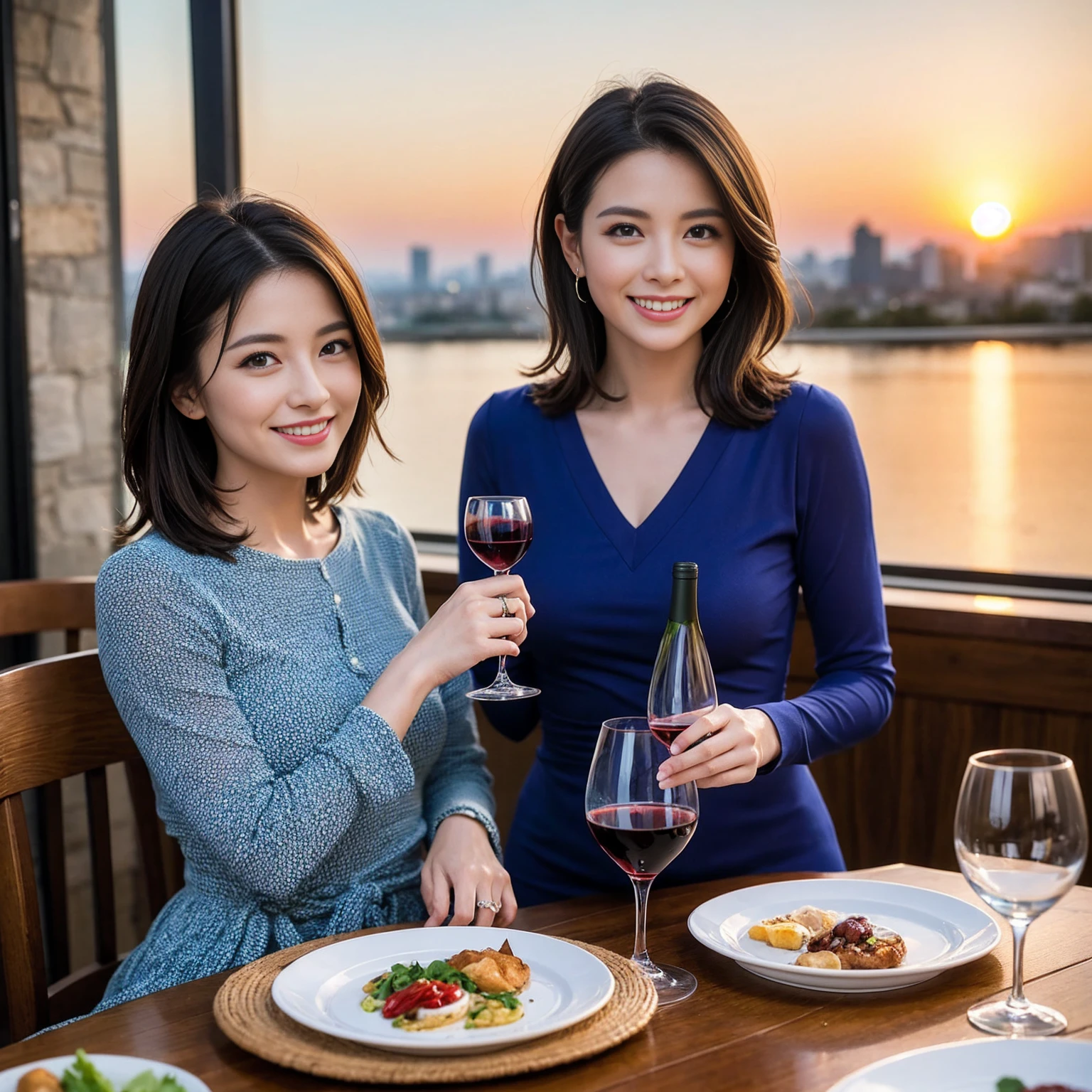 ((Highest quality、8k、masterpiece:1.3))、 (Genuineistic, Genuine、Bright image、Intricate details:1.2), 最高のsmile、1 male 1 female、Beautiful couple、spouse、fiancee、Good friends、actress couple、smile、A full-course dinner with a full table、 (Slim face), (the body is slim), (Brown Hair), (short hair), テーブルのwine glass、Please shine a light on my face、 Amazing view of the sunset sky and clouds、 (42 years old)38 years old, red wine 、Wine bottle、sparkling wine、Long sleeve shirt、Blue Dress、White wine, red wine, wine glass,