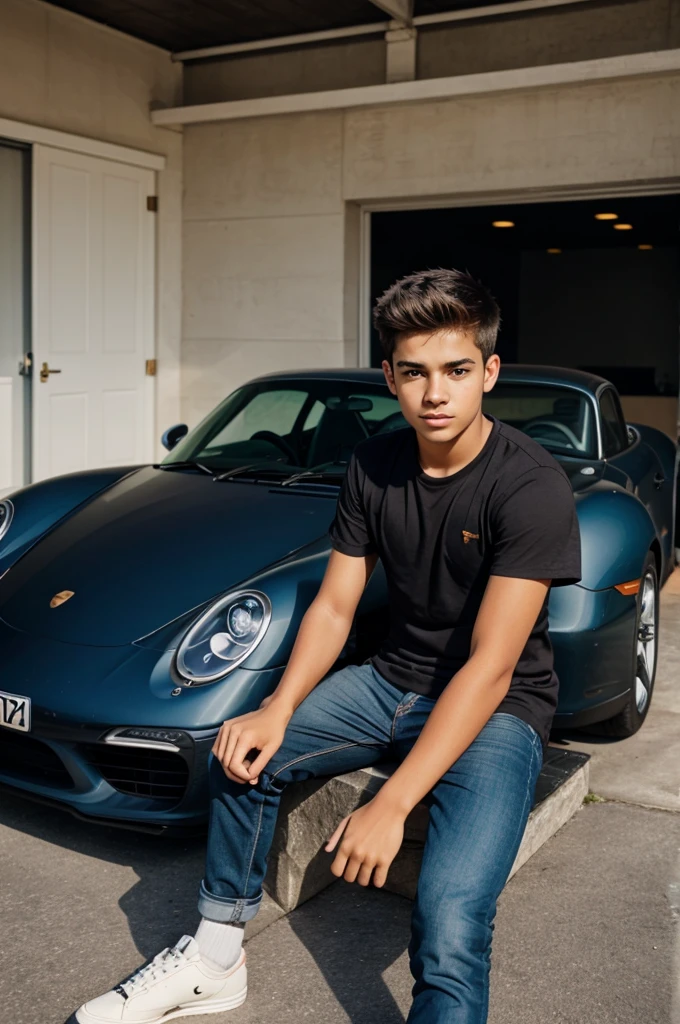 A teenage boy sitting in a Porsche