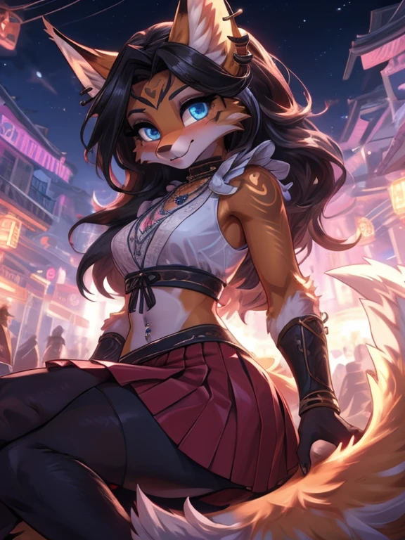 Chica anime,tennage girl 18 years old, anime style, cute kotori date alive, shy girl , Orejas de Kitsune, arte de dark natasha, city landscape, arte de vixen aztra, cuerpo completo, patas hermosas, cintura delgada, caderas amplias, navel white blouse, white&pink skirt, navel piercing, ear piercing, navel tattoo, atrevid pose, back pose, fluffly tail, sensual eyes (la mejor definicion) long hair, black flash, city party, city night life, party girl, idol girl, girl with microphone singing, deep blue eyes (HD), white&pink dress, super mega star idol, aura pura, silueta de luz, silueta radiante de luz dorada, su cuerpo brilla, best lighting in photography, mermaid mini skirt, lovely girl, sending kiss, heartlove