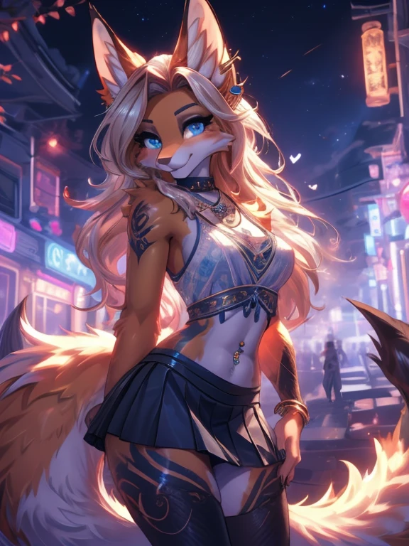 Chica anime,tennage girl 18 years old, anime style, cute kotori date alive, shy girl , Orejas de Kitsune, arte de dark natasha, city landscape, arte de vixen aztra, cuerpo completo, patas hermosas, cintura delgada, caderas amplias, navel white blouse, white&pink skirt, navel piercing, ear piercing, navel tattoo, atrevid pose, back pose, fluffly tail, sensual eyes (la mejor definicion) long hair, black flash, city party, city night life, party girl, idol girl, girl with microphone singing, deep blue eyes (HD), white&pink dress, super mega star idol, aura pura, silueta de luz, silueta radiante de luz dorada, su cuerpo brilla, best lighting in photography, mermaid mini skirt, lovely girl, sending kiss, heartlove