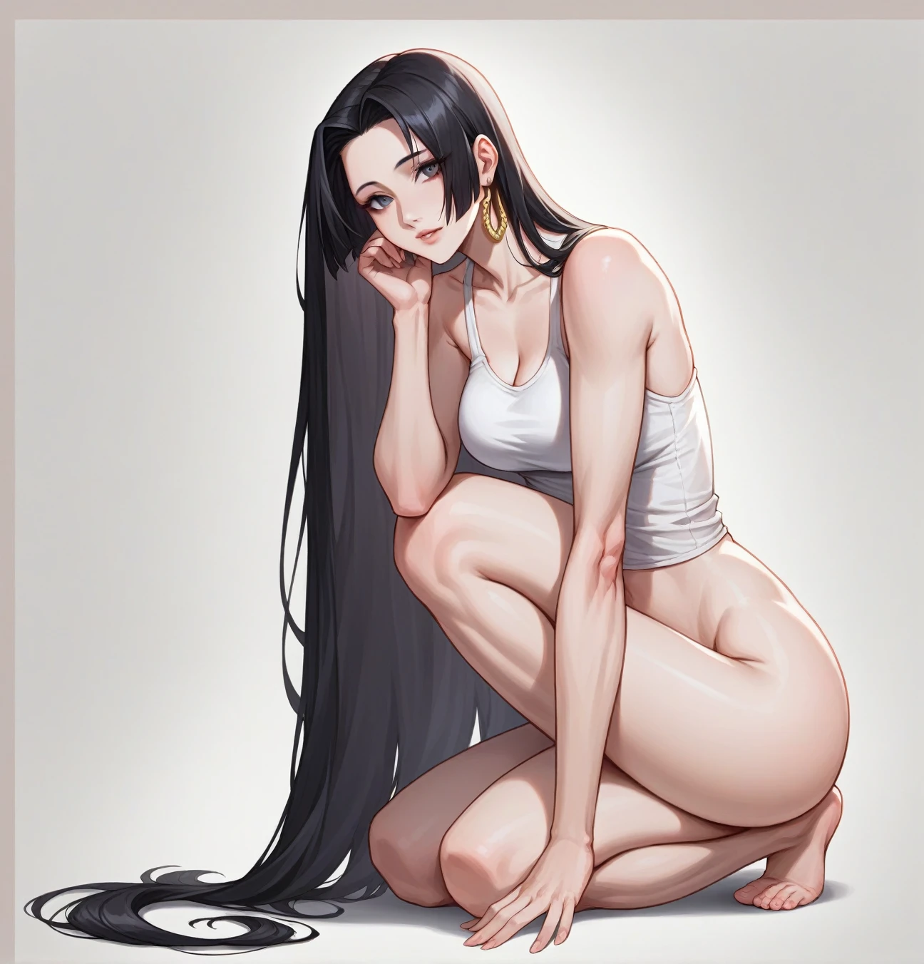 (((masterpiece))), (((best quality))), ((ultra-detailed)), (highly detailed CG illustration), Boa Hancock, (nsfw:1.4), (masterpiece:1.5), Detailed Photo, Sexy, (Best Quality: 1.4), (1girl), Beautiful Face, (Black Hair, long Hair: 1.3), Beautiful Hairstyle, beautiful detail eyes, (realistic skin), beautiful skin, absurd, attractive, ultra high resolution, high definition, (sexually aroused:1.5), Pinkish white skin, cool white light, sexy pose, Beautiful , white background, pink soft white light, Wear a white tank top, Full body,