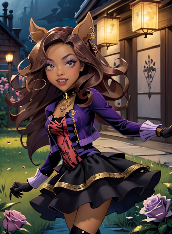 ((high quality)), ((Work of art)), (more detail), 1girl, wolf ears, centered, jewelry, a girl with a wolf ears, award winning upper body portrait, cowboy shot, Clawdeen_MH, solo, brown hair, purple hair, multicolored hair, long hair, wave hair, flowing hair, chinese hairpin, black shirt, black skirt, purple knee boots, smiling, gothic style, garden scenery, gold lanterns, white roses, depth of field, cinematic composition, wave hair, seat on the grass, white roses, smile, wolf fangs, gothic dress, fangs, black dress, black dress with transparency, purple laces, black gloves, black high socks, purple high hills boots, jewelry, grass, white roses on focus, Clawdeen_(monster high), Monster High, looking at the viewer, more details on the clothes, petals in the air