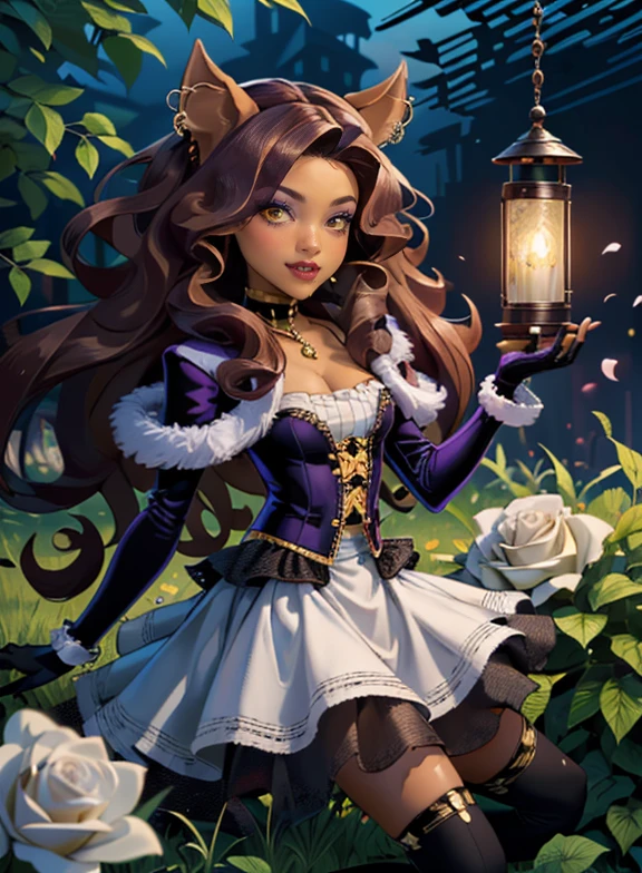 ((high quality)), ((Work of art)), (more detail), 1girl, wolf ears, centered, jewelry, a girl with a wolf ears, award winning upper body portrait, cowboy shot, Clawdeen_MH, solo, brown hair, purple hair, multicolored hair, long hair, wave hair, flowing hair, chinese hairpin, black shirt, black skirt, purple knee boots, smiling, gothic style, garden scenery, gold lanterns, white roses, depth of field, cinematic composition, wave hair, seat on the grass, white roses, smile, wolf fangs, gothic dress, fangs, black dress, black dress with transparency, purple laces, black gloves, black high socks, purple high hills boots, jewelry, grass, white roses on focus, Clawdeen_(monster high), Monster High, looking at the viewer, more details on the clothes, petals in the air