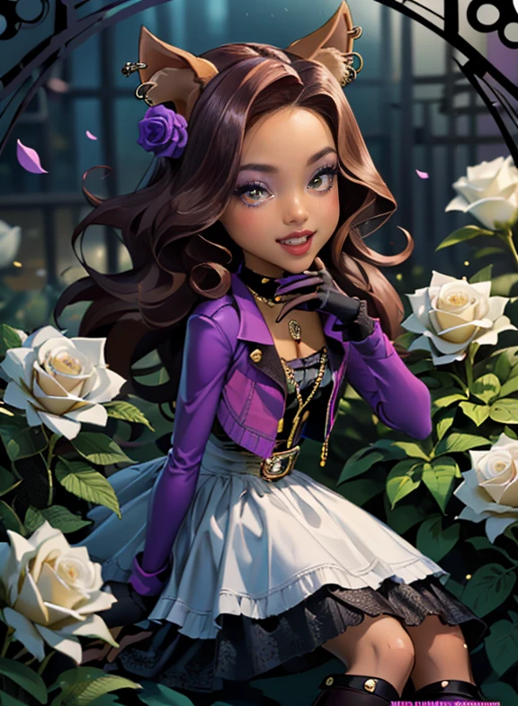 ((high quality)), ((Work of art)), (more detail), 1girl, wolf ears, centered, jewelry, a girl with a wolf ears, award winning upper body portrait, cowboy shot, Clawdeen_MH, solo, brown hair, purple hair, multicolored hair, long hair, wave hair, flowing hair, chinese hairpin, black shirt, black skirt, purple knee boots, smiling, gothic style, garden scenery, gold lanterns, white roses, depth of field, cinematic composition, wave hair, seat on the grass, white roses, smile, wolf fangs, gothic dress, fangs, black dress, black dress with transparency, purple laces, black gloves, black high socks, purple high hills boots, jewelry, grass, white roses on focus, Clawdeen_(monster high), Monster High, looking at the viewer, more details on the clothes, petals in the air