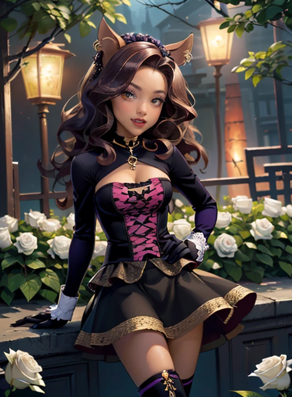 ((high quality)), ((Work of art)), (more detail), 1girl, wolf ears, centered, jewelry, a girl with a wolf ears, award winning upper body portrait, cowboy shot, Clawdeen_MH, solo, brown hair, purple hair, multicolored hair, long hair, wave hair, flowing hair, chinese hairpin, black shirt, black skirt, purple knee boots, smiling, gothic style, garden scenery, gold lanterns, white roses, depth of field, cinematic composition, wave hair, seat on the grass, white roses, smile, wolf fangs, gothic dress, fangs, black dress, black dress with transparency, purple laces, black gloves, black high socks, purple high hills boots, jewelry, grass, white roses on focus, Clawdeen_(monster high), Monster High, looking at the viewer, more details on the clothes, petals in the air