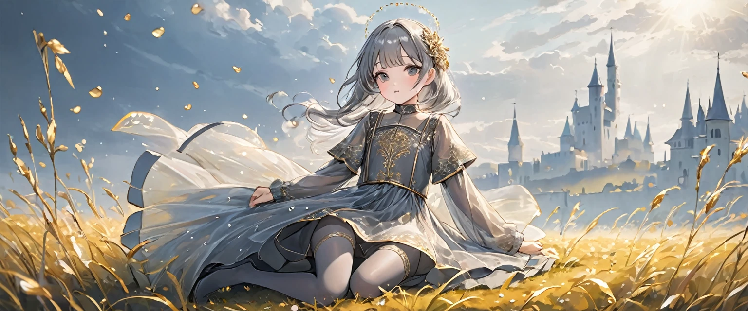 girl, Gold and silver embroidery, Platinum and pearl medieval long dress(With panniers), Translucent fabric, Pull up the dress by hand, Strong winds, Translucent slip, Grey translucent tights, 8歳のgirl, Gold and silver embroidery, medieval mini dress(With panniers), Translucent fabric, Pull up your skirt, Strong winds, Translucent slip, Grey translucent tights, Peeking from below, Highest quality, Disorder of clothing, Lying down, underwear, Show off your thighs, night, Skirt lining
