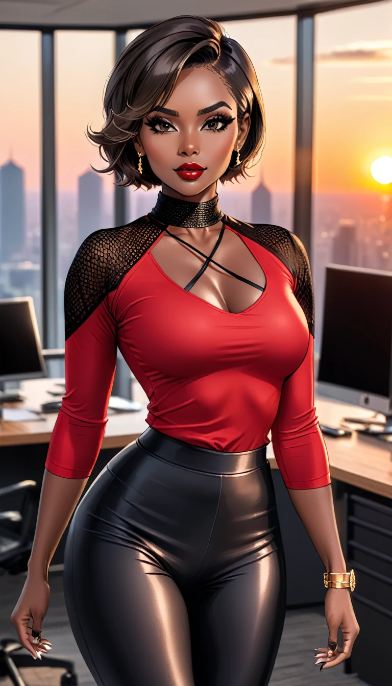 Beautiful woman with short straight brown hair with black eyes wearing a Black Gym Tight Leggings, a Red Sexy Criss Cross Mock Neck Mid Sleeves Blouse, luxurious jewelry, 18k gold wedding ring on left hand, standing in an office room at sunset wearing a luxurious silver necklace (ebony skin), (light brown lipstick),(elegant mascara),(muscular body with abs),(mid breasts) midjourney, <lora:GoodHands-, <lora:GoodLegs-, UHD, high resolution, (masterpiece:1.1, best quality), (expressive eyes, perfect face, full body, expressive face, perfect body, athletic, fit, slim body, blushing, Perfect makeup, eyeliner, beautiful eyelashes, smiling, horny face), ((best illumination, best shadows))