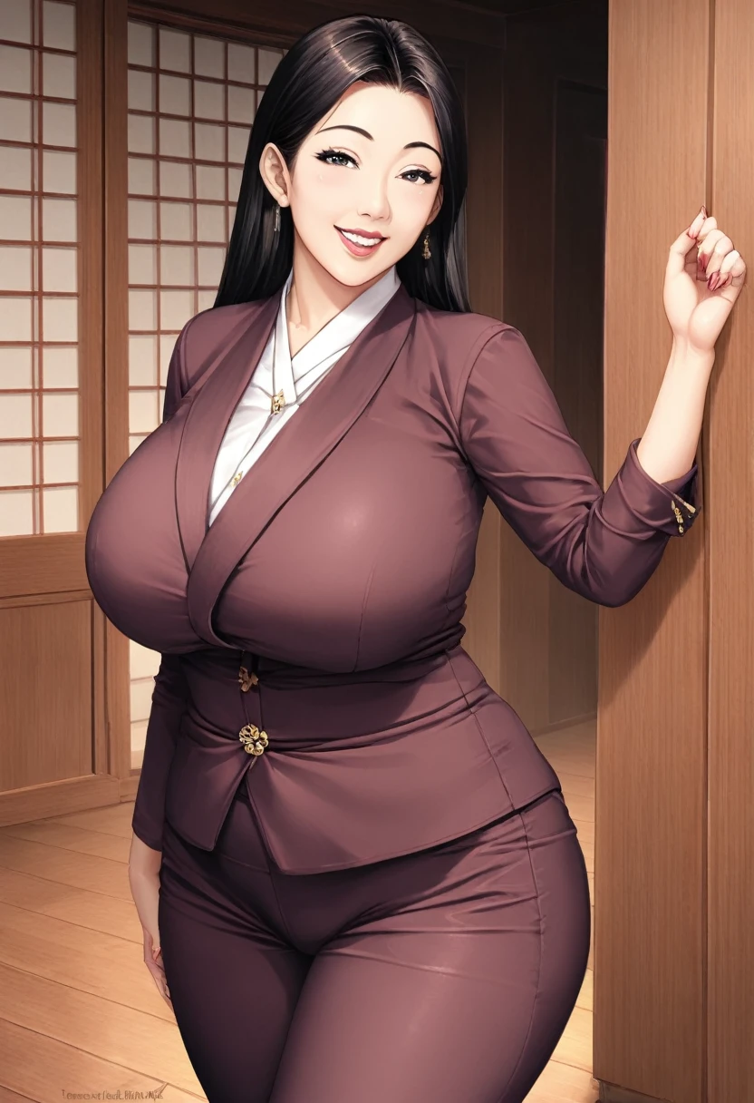 detailed illustration, dynamic angle, ultra-detailed, illustration, 1girl, mid 20’s year old Chinese woman, dark, night, in a fancy home, standing in the front door, wood paneled walls, beautiful dark wood floors, oriental rugs, nighttime, obese and thicc milf , silk waist-long dark hair , big round firm belly, academic uniform, strained pants, soft smile, motherly and nurturing, look, cute, tight clothes, tight pants, very wealthy looking,