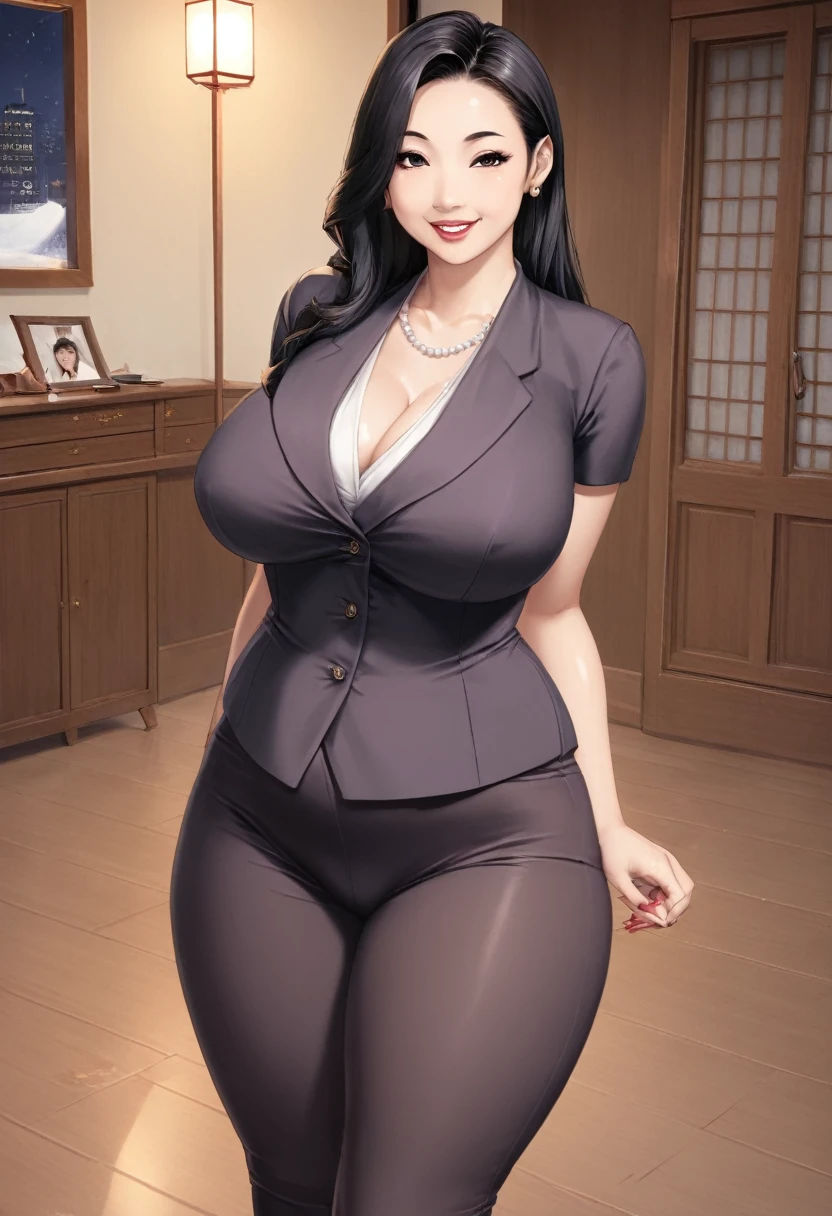 detailed illustration, dynamic angle, ultra-detailed, illustration, 1girl, mid 20’s year old Chinese woman, dark, night, in a fancy home, standing in the front door, wood paneled walls, beautiful dark wood floors, oriental rugs, nighttime, obese and thicc milf , silk waist-long dark hair , big round firm belly, academic uniform, strained pants, soft smile, motherly and nurturing, look, cute, tight clothes, tight pants, very wealthy looking,