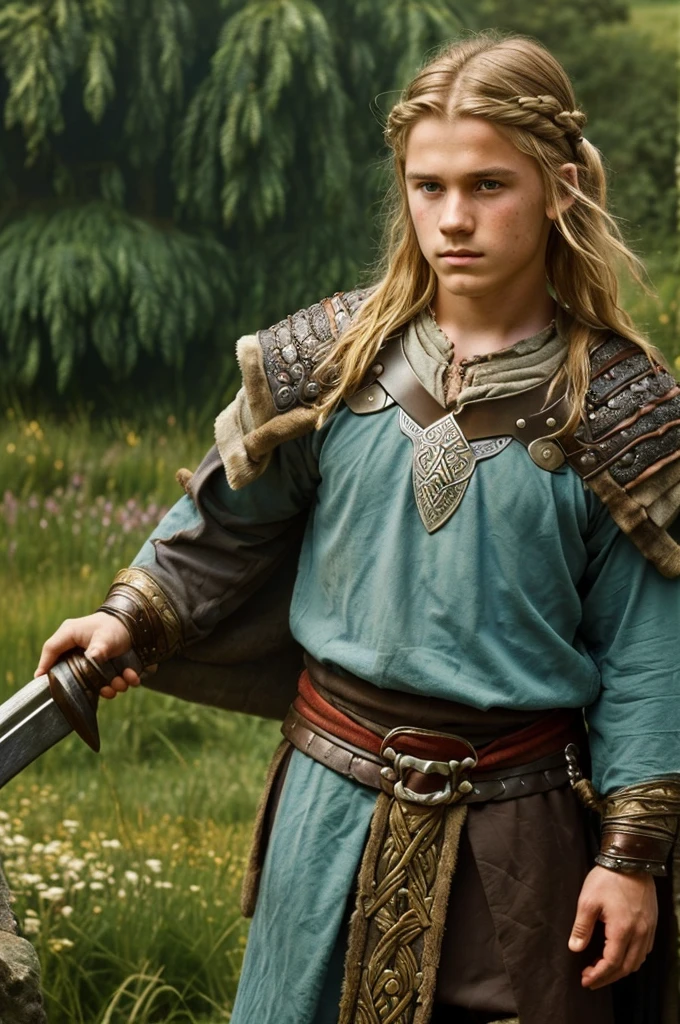 England, 878. close-up of A young ((((18-year-old)) Uhtred)), viking boy, fierce, ((((viking clothings from the 870s)))), ((blonde hairstyle of the 870s)), ((colorful, Monet))