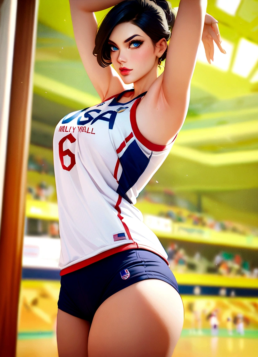 Arapheud woman in volleyball uniform posing for photo, Wearing a volleyball jersey, usa volleyball, Cute girl in a tank top, Side Shot, Close-up shot, Olga Buzova, 半身のClose-up shot, Jessica Black, Ilya Kuvshinov and Artgerm, lower angle, Anna Nikonova、Also known as New Milky, Medium Close-up