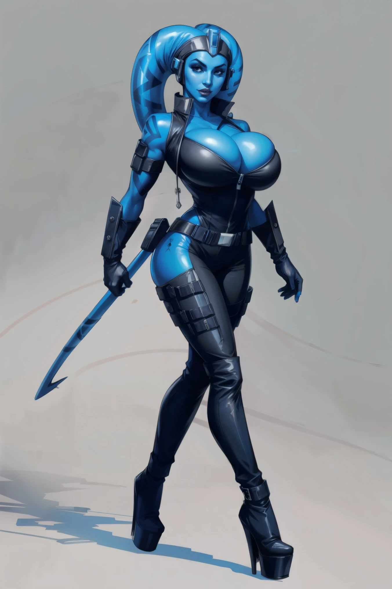 Tall Blue Skin Twi'lek with (medium breasts) wearing a black leather jumpsuit, short sleeves, tattoos, high-heel boots, utility belt, gloves, medium breasts, unzipped, cleavage, tall, graceful, (tall, long legs), toned, slim hips, small waist, full-body shot