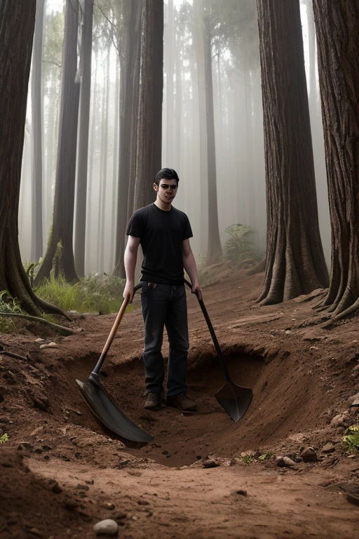 ((best quality)), (masterpiece), Goth subculture  Australian man of 21years old, messy black hair with some part on the side sticking up, heavy black eyeliner makes his eyes seem sunken into his face, soft white make-up, his clothing is all black, he stands amongst eucalyptus trees towering into the ethereal misty fog, to the right of the man is a small hole, a shovel sticks into a pile of dirt next to the hole