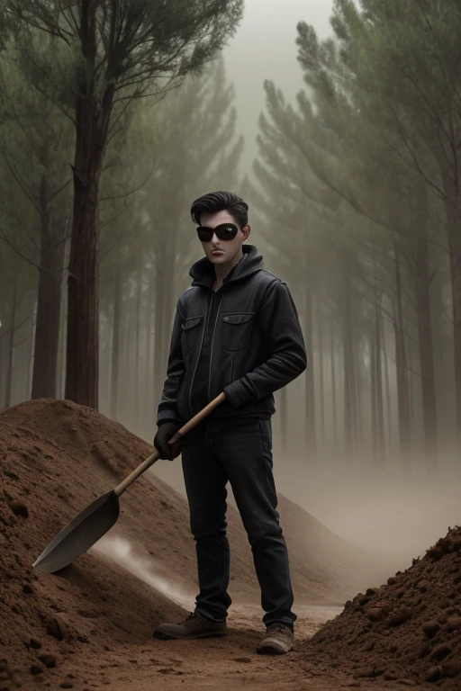 ((best quality)), (masterpiece), Goth subculture  Australian man of 21years old, messy black hair with some part on the side sticking up, heavy black eyeliner makes his eyes seem sunken into his face, soft white make-up, his clothing is all black, he stands amongst eucalyptus trees towering into the ethereal misty fog, to the right of the man is a small hole, a shovel sticks into a pile of dirt next to the hole