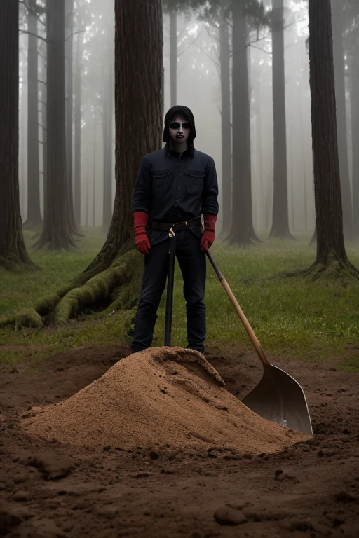 ((best quality)), (masterpiece), Goth subculture  Australian man of 21years old, messy black hair with some part on the side sticking up, heavy black eyeliner makes his eyes seem sunken into his face, soft white make-up, his clothing is all black, he stands amongst eucalyptus trees towering into the ethereal misty fog, to the right of the man is a small hole, a shovel sticks into a pile of dirt next to the hole