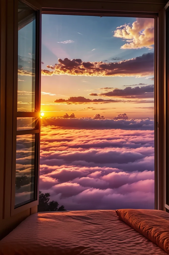 A sunset through a giant bedroom window with pink bumpy clouds with a orange atmosphere