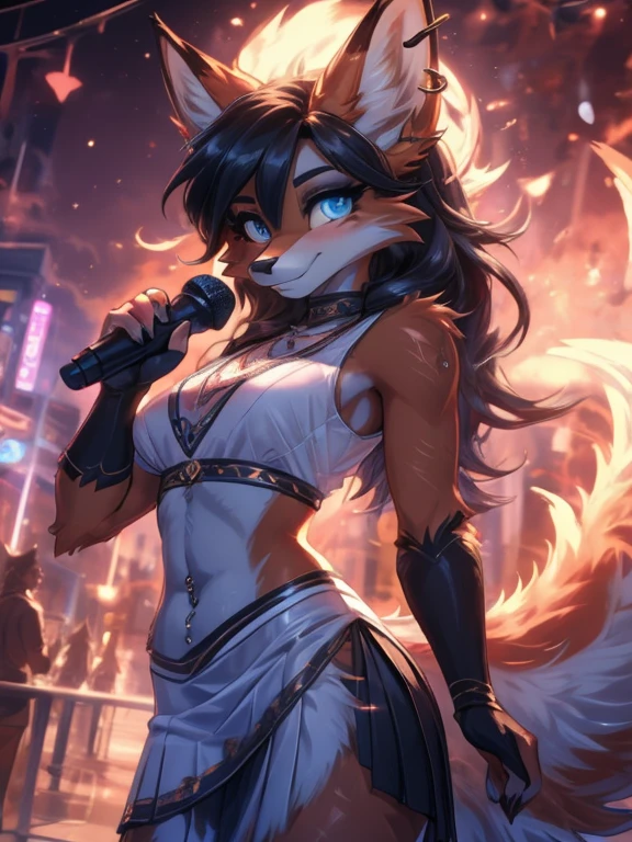 Chica anime,tennage girl 18 years old, anime style, foxy girl, blue body, anthropomorphic shy girl , Orejas de Kitsune, arte de dark natasha, city landscape, arte de vixen aztra, cuerpo completo, patas hermosas, cintura delgada, caderas amplias, navel white blouse, white&pink skirt, navel piercing, ear piercing, navel tattoo, atrevid pose, back pose, fluffly tail, sensual eyes (la mejor definicion) long hair, black flash, city party, city night life, party girl, idol girl, girl with microphone singing, deep blue eyes (HD), white&pink dress, super mega star idol, aura pura, silueta de luz, silueta radiante de luz dorada, su cuerpo brilla, best lighting in photography, mermaid mini skirt, lovely girl, sending kiss, heartlove