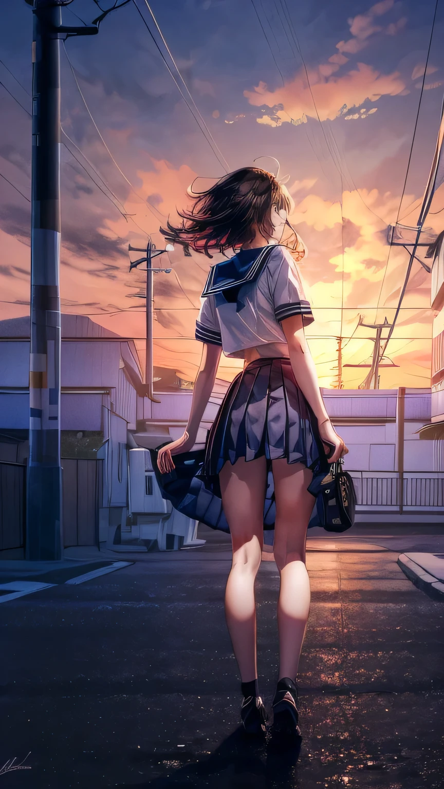 -Blues, One Girl, alone, Outdoor, cloud, null, skirt, scenery, sign, Butt, White underwear, bag, Are standing, Seraph, Knee-length, From behind, shirt, cloudy null, road sign, signature, Sailor collar, Wide Shot, sunset, white shirt, Electric pole, black skirt, Black Hair, pleated skirt, Brown Hair, Turn your back, Short sleeve, Power lines
