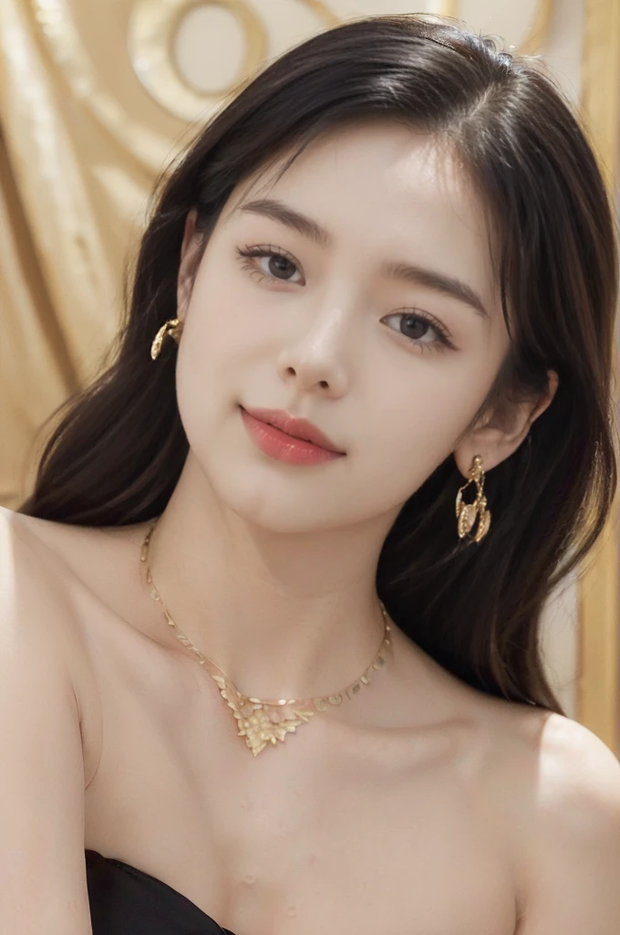 ((((upper body shot)))),(((nude))),(((nipples))),(((sagging breasts))),Ultra-high resolution,big eyes,Japanese,(forehead),(a girl),(1 girl),((18 years old)),((cute)),pretty,earring,((facing at viewer)),necklace,((long hair)),(gold hair accessories)