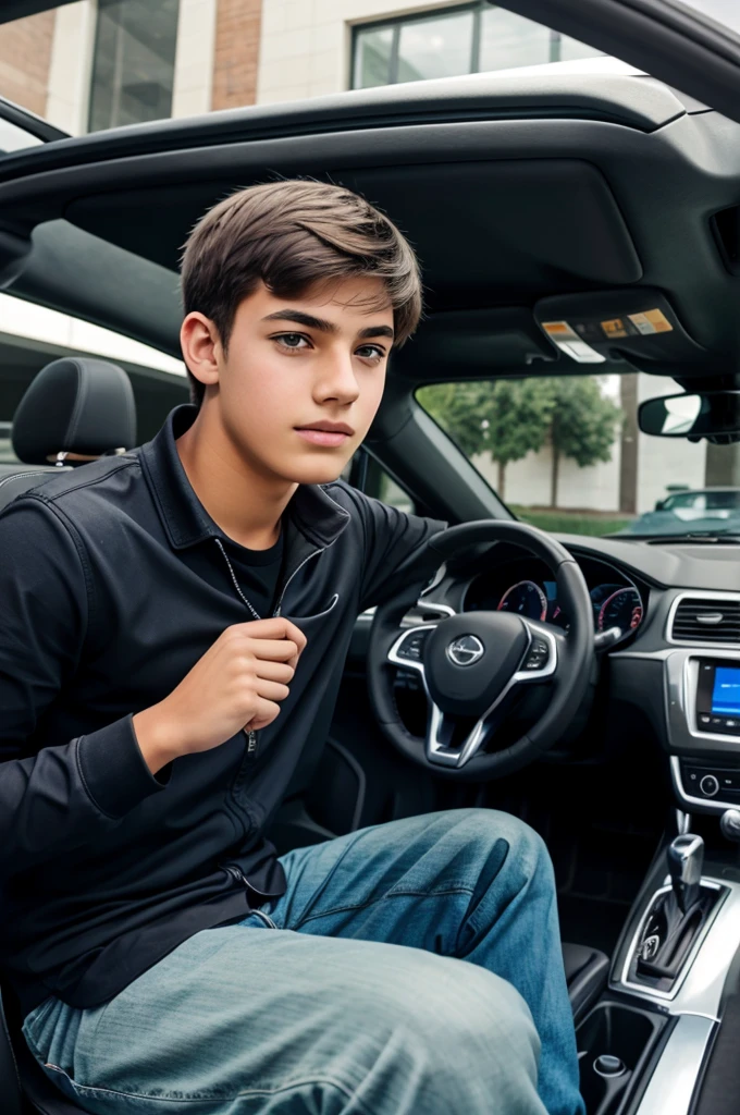 A  boy in a car showroom