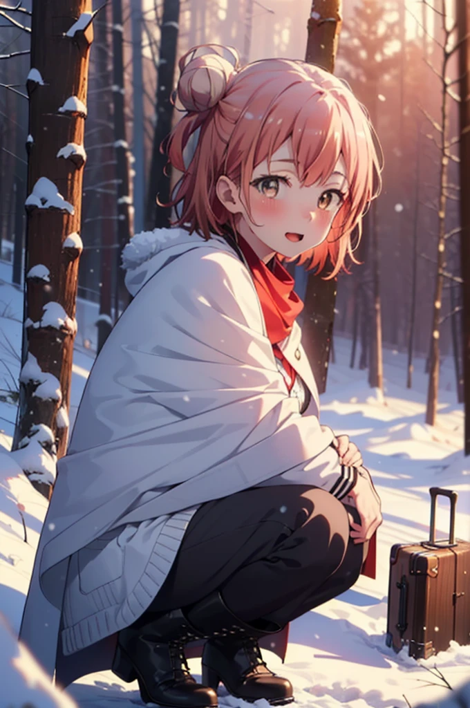 yuiyuigahama, yui yuigahama, short hair, (Brown eyes:1.5), (Pink Hair:1.2), Hair Bun, single Hair Bun, smile, (Big Breasts:1.2),smile,blush,White Breath,
Open your mouth,snow,Ground bonfire, Outdoor, boots, snowing, From the side, wood, suitcase, Cape, Blurred, forest, White handbag, nature, Squat, Mouth closed,Cape, winter, Written boundary depth, Black shoes, red Cape break looking at viewer, Upper Body, whole body, break Outdoor, forest, nature, break (masterpiece:1.2), Highest quality, High resolution, unity 8k wallpaper, (shape:0.8), (Beautiful and beautiful eyes:1.6), Highly detailed face, Perfect lighting, Highly detailed CG, (Perfect hands, Perfect Anatomy),