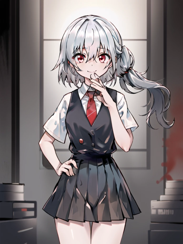 In general detail: very detailed, highly detailed, exceptionally detailed, exceptionally detailed, top quality, 2.5D works, a girl, single, beautiful hands, perfectly beautiful hands, summer  uniform: plain dark gray skirt with a lot of pleats: 1.4, red necktie with a pattern: 1.3, short sleeves, white shirt with white buttons, not NSFW (not safe for work): (-1.5), facial expression: a small smile at the corner of the mouth, enchanting gaze, posture: standing, posing cute and charming, looking at the audience, character traits: slender, Kawaei, perfectly balanced face, soft pinkish cheeks, extremely cute girl, extremely cute face, exceptionally detailed facial features, exceptionally detailed hair, extremely cute, extremely beautiful, background: deserted city, midnight, dark, deep focus background, additional physical features: medium to large chest, slim, large hips, well-rounded thick thighs, long slender legs, hairstyle: (Aho-ge: 1.2), (short bob with side ponytail, left side gathered hair, hair between the eyes, black/white hair), red/pink eyes."