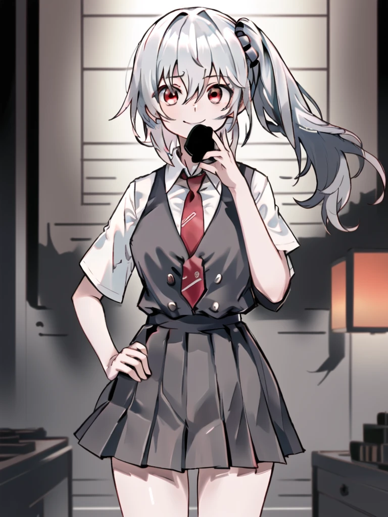 In general detail: very detailed, highly detailed, exceptionally detailed, exceptionally detailed, top quality, 2.5D works, a girl, single, beautiful hands, perfectly beautiful hands, summer school uniform: plain dark gray skirt with a lot of pleats: 1.4, red necktie with a pattern: 1.3, short sleeves, white shirt with white buttons, not NSFW (not safe for work): (-1.5), facial expression: a small smile at the corner of the mouth, enchanting gaze, posture: standing, posing cute and charming, looking at the audience, character traits: slender, Kawaei, perfectly balanced face, soft pinkish cheeks, extremely cute girl, extremely cute face, exceptionally detailed facial features, exceptionally detailed hair, extremely cute, extremely beautiful, background: deserted city, midnight, dark, deep focus background, additional physical features: medium to large chest, slim, large hips, well-rounded thick thighs, long slender legs, hairstyle: (Aho-ge: 1.2), (short bob with side ponytail, left side gathered hair, hair between the eyes, black/white hair), red/pink eyes."