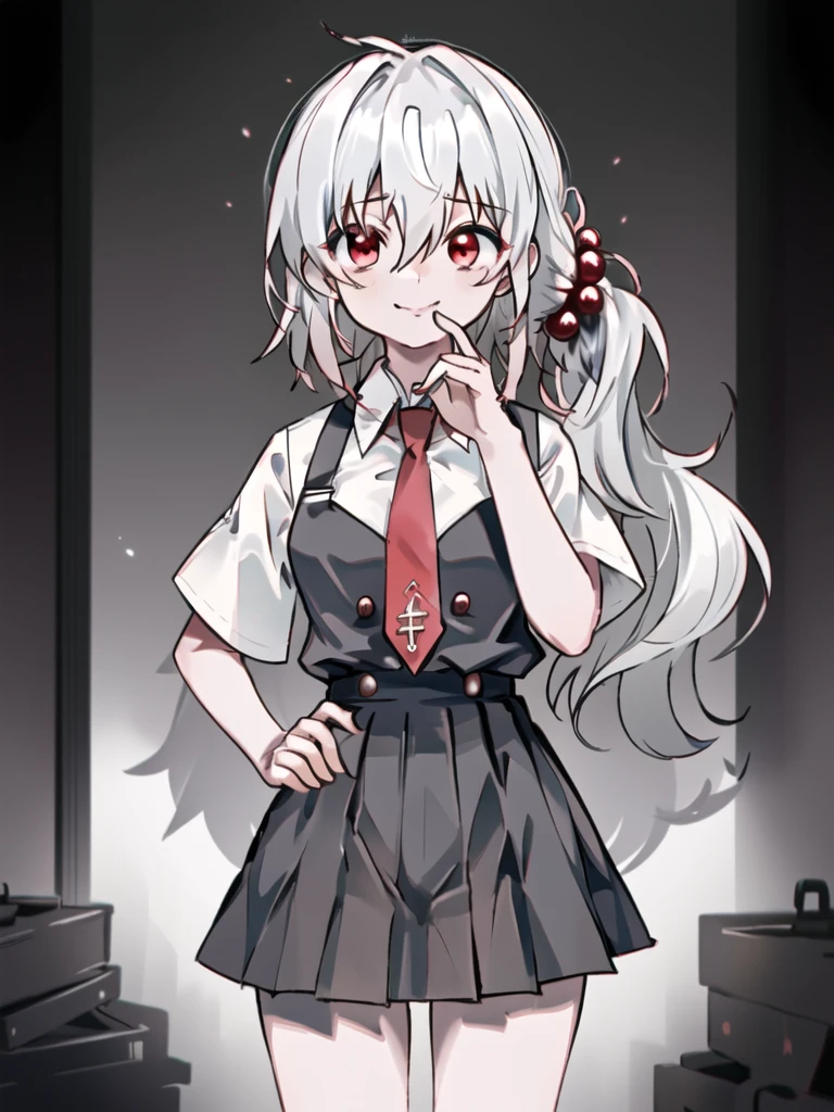 In general detail: very detailed, highly detailed, exceptionally detailed, exceptionally detailed, top quality, 2.5D works, a girl, single, beautiful hands, perfectly beautiful hands, summer school uniform: plain dark gray skirt with a lot of pleats: 1.4, red necktie with a pattern: 1.3, short sleeves, white shirt with white buttons, not NSFW (not safe for work): (-1.5), facial expression: a small smile at the corner of the mouth, enchanting gaze, posture: standing, posing cute and charming, looking at the audience, character traits: slender, Kawaei, perfectly balanced face, soft pinkish cheeks, extremely cute girl, extremely cute face, exceptionally detailed facial features, exceptionally detailed hair, extremely cute, extremely beautiful, background: deserted city, midnight, dark, deep focus background, additional physical features: medium to large chest, slim, large hips, well-rounded thick thighs, long slender legs, hairstyle: (Aho-ge: 1.2), (short bob with side ponytail, left side gathered hair, hair between the eyes, black/white hair), red/pink eyes."