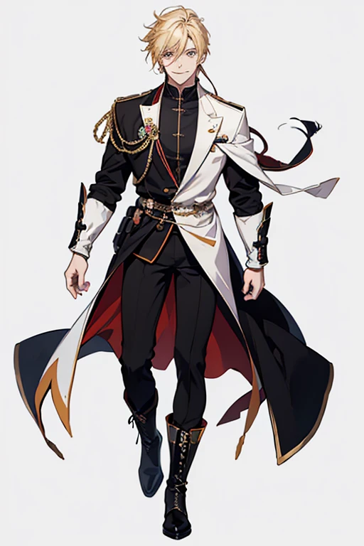 A full-body illustration of a handsome man looking at you and smiling。boots,visual kei,onii kei、Delicate Drawing、Blonde、acrylic、Thick Coating、Color Sketch、in the style of bold line,White background。A suitable background --s 70
