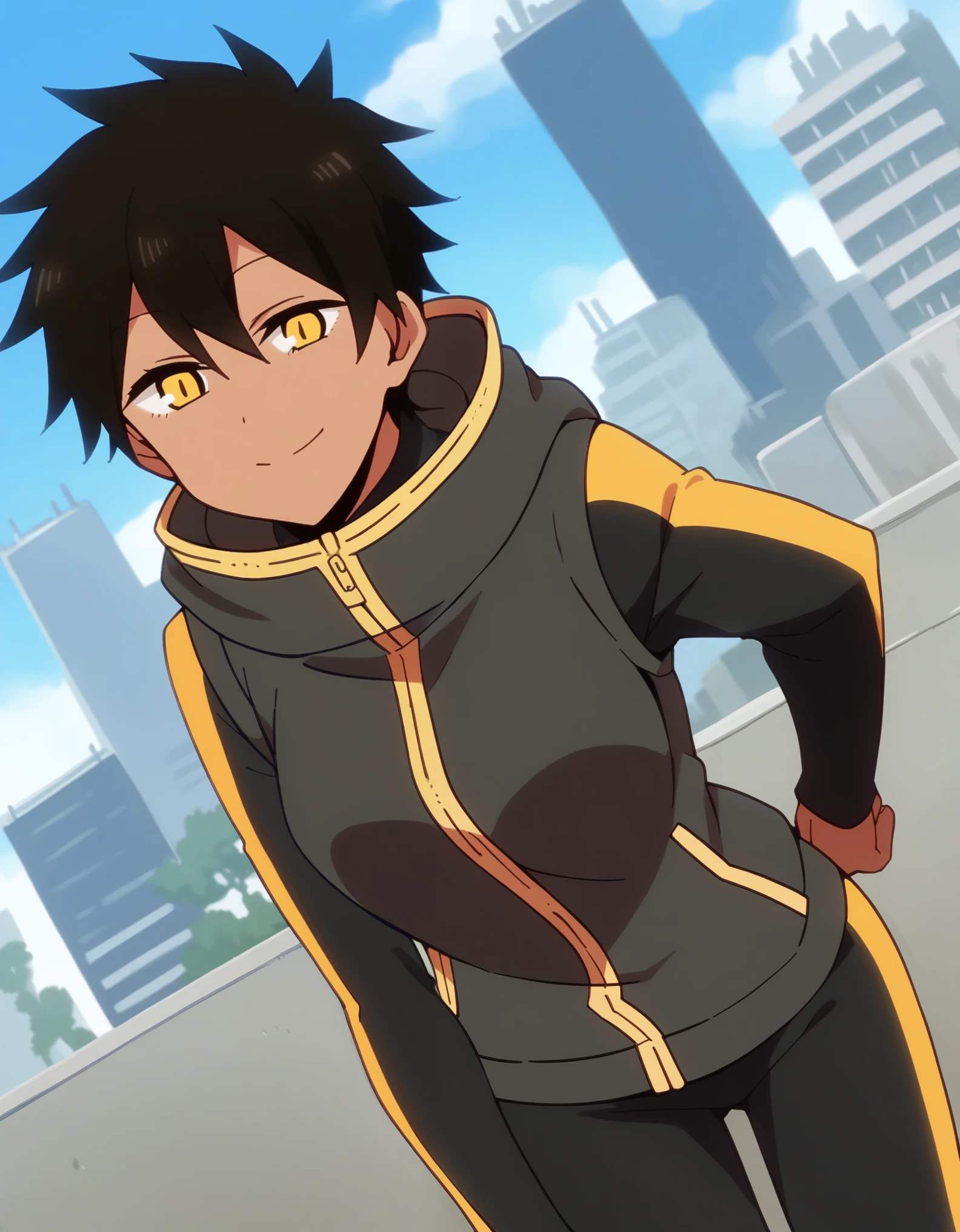 score_9, score_8_up, score_7_up, source_anime,
natsumikurobe, natsumi kurobe, short hair, black hair, yellow eyes, slit pupils, dark skin, dark-skinned female,
jacket, pants, hood, zipper, tomboy,
cityscape, bent over, smile,
looking at viewer, cowboy shot, solo, dutch angle,