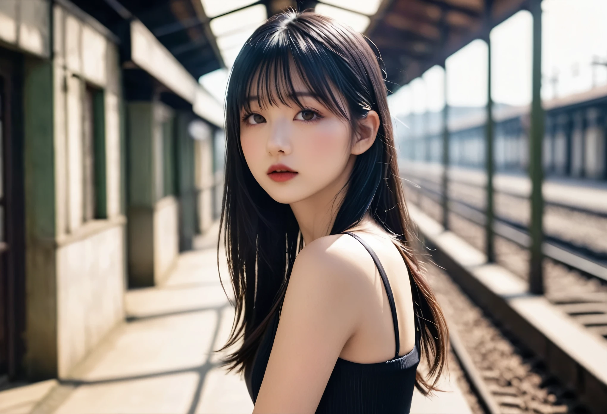 a girl，cute and pretty face，Long straight black hair，Long bangs covering eyes，long eyelashes，(Fine eyes)，small eyes，(half-closed eyes)，(Dark lipstick)，(Dark eyeshadow)，Slim body，Slender limbs，Black spaghetti strap dress，Inside an old railway station，clean focus，shallow Depth of Field，Ultra-detailed faces，very beautiful face，Extremely high texture skin，Look to viewer，(beautiful legs)，seductive，femainine pose，(realistic ，realistic-photo，RAW photo，8K original)，lens flare，film grain，artistic photography，UHD，highres，masterpiece，retina，