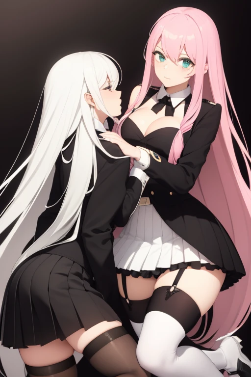 2 Extremely sexy lesbians, one has long white hair and a white pleated skirt and stockings. The other has long pink hair and a black pleated skirt and stockings