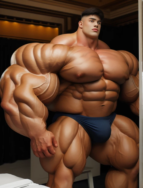 1boy, giant, bodybuilding pose, illuminating light, strong body, bulk, large size, staring, at the photo studio room, nude, white triangular underwear, prominent bulge, big, brutalmass, giant, muscular body, bulk, buff, massive body, large meaty body size