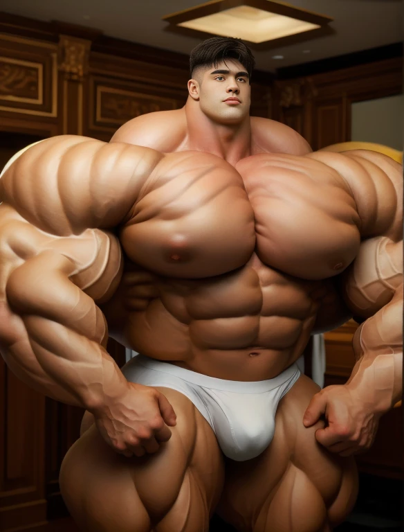 1boy, giant, bodybuilding pose, illuminating light, strong body, bulk, large size, staring, at the photo studio room, nude, white triangular underwear, prominent bulge, big, brutalmass, giant, muscular body, bulk, buff, massive body, large meaty body size
