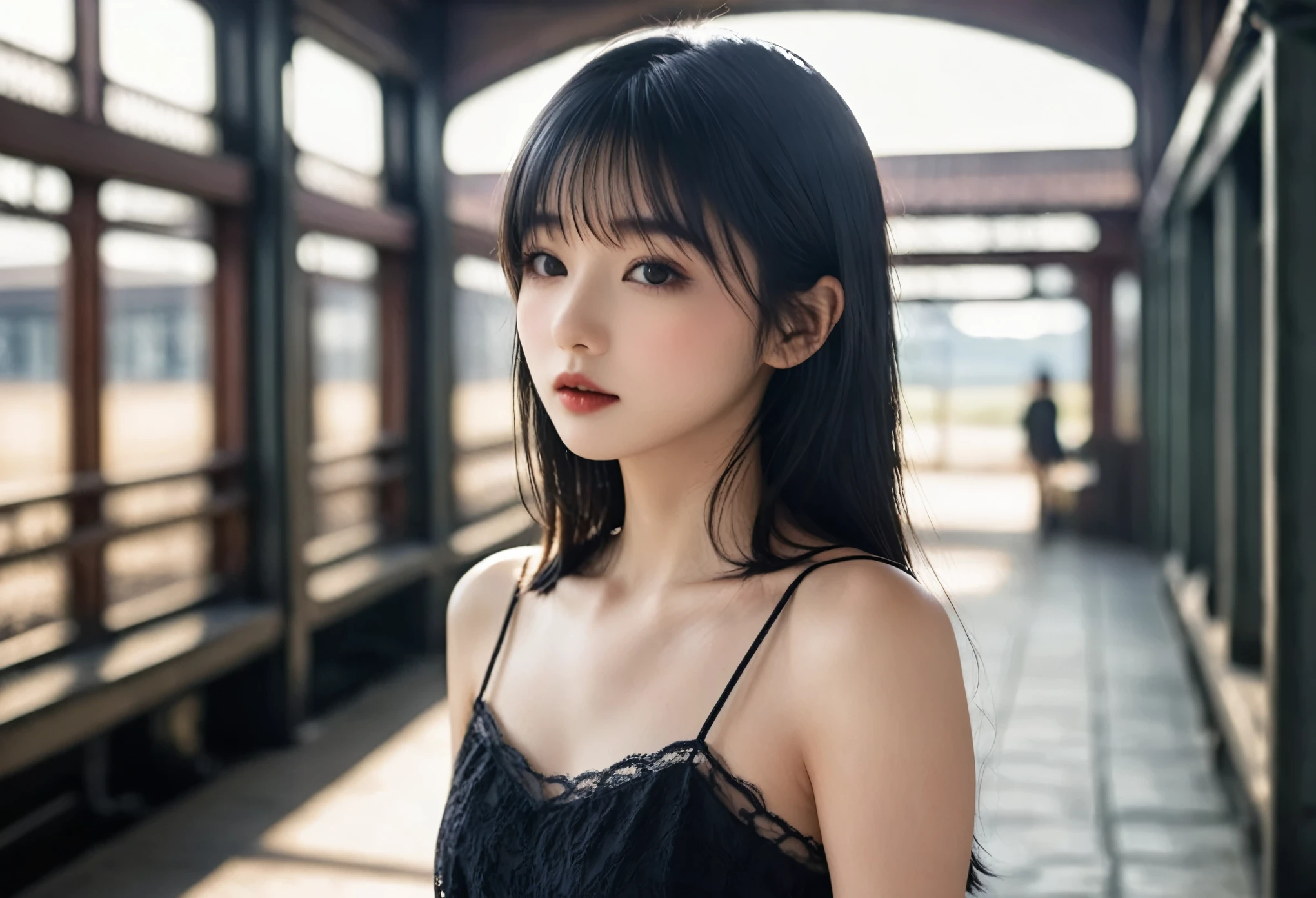 a girl，cute and pretty face，Long straight black hair，Long bangs covering eyes，long eyelashes，(Fine eyes)，small eyes，(half-closed eyes)，(Dark lipstick)，(Dark eyeshadow)，Slim body，Slender limbs，Black spaghetti strap dress，Inside an old railway station，clean focus，shallow Depth of Field，Ultra-detailed faces，very beautiful face，Extremely high texture skin，Look to viewer，(beautiful legs)，seductive，femainine pose，(realistic ，realistic-photo，RAW photo，8K original)，lens flare，film grain，artistic photography，UHD，highres，masterpiece，retina，