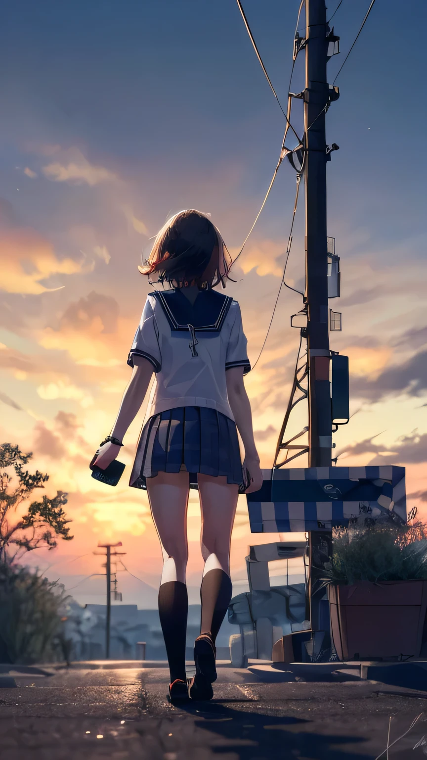 -Blues, One Girl, alone, Outdoor, cloud, null, skirt, scenery, sign, Butt, I can see your pants, bag, Are standing, Seraph, Knee-length, From behind, shirt, cloudy null, road sign, signature, Sailor collar, Wide Shot, sunset, white shirt, Electric pole, black skirt, Black Hair, pleated skirt, Brown Hair, Turn your back, Short sleeve, Power lines